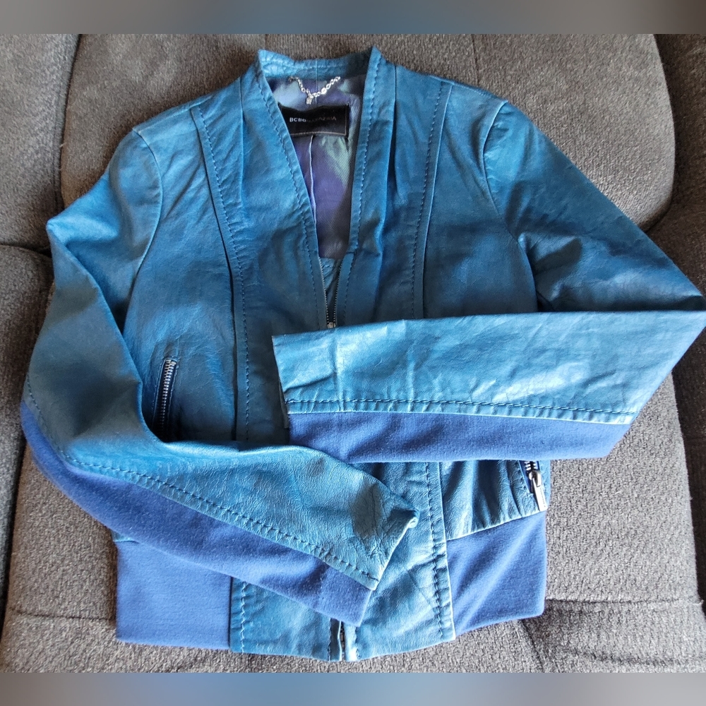 BCBG blue leather jacket in size xs/small.